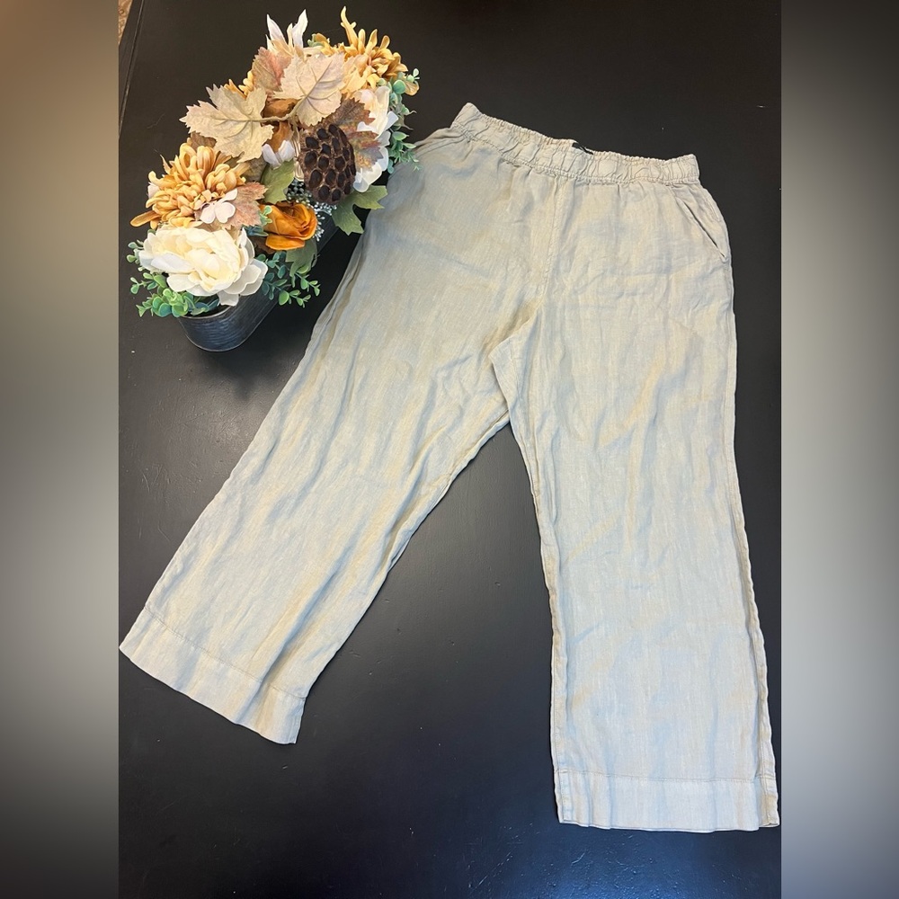 Tahari 100% Linen Pull On Cropped Light Grey Pants Sz L Coastal Preppy